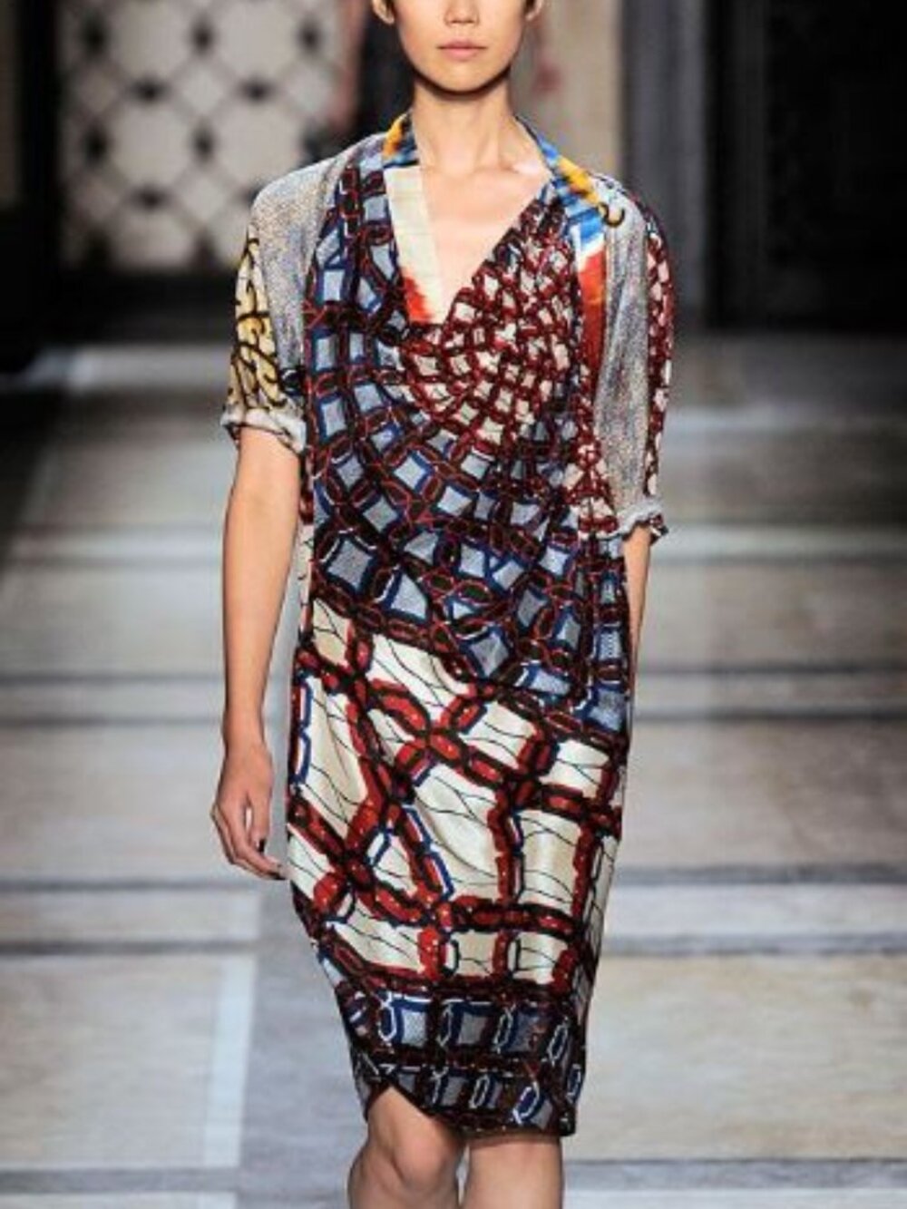 Dries Van Noten Silk Batik Pleated Short Sleeve Dress NWOT Made in Belgium Sz 42